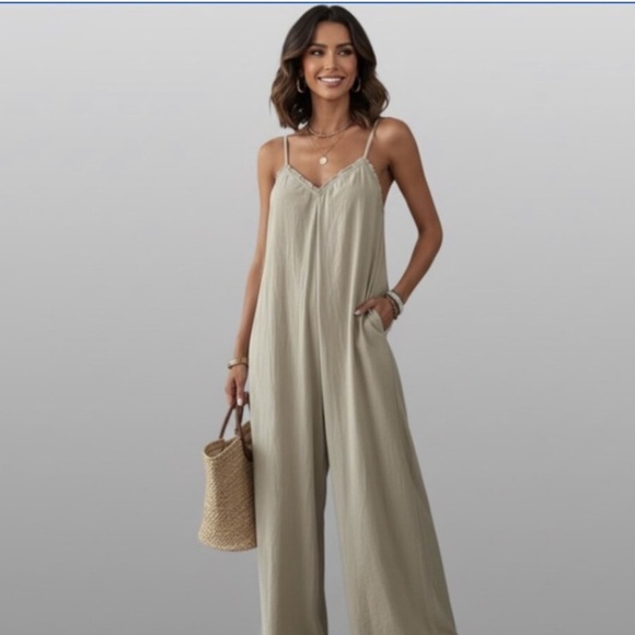 By Design Pants - Boho Ruffle Trim Loose Fitting Wide Leg Jumpsuit
